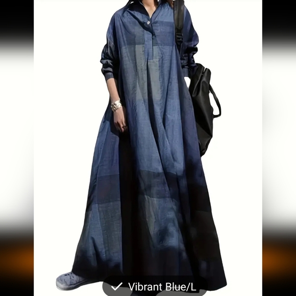 Awesome blue/black large plaid maxi shirt dress. Shirt collar, quarter button f - Picture 3 of 4